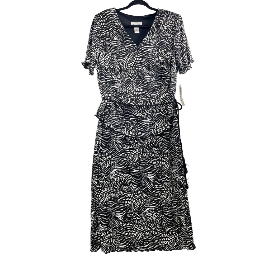 Connected Woman Midi Dress Size 14W Black White Abstract Print Faux Wrap